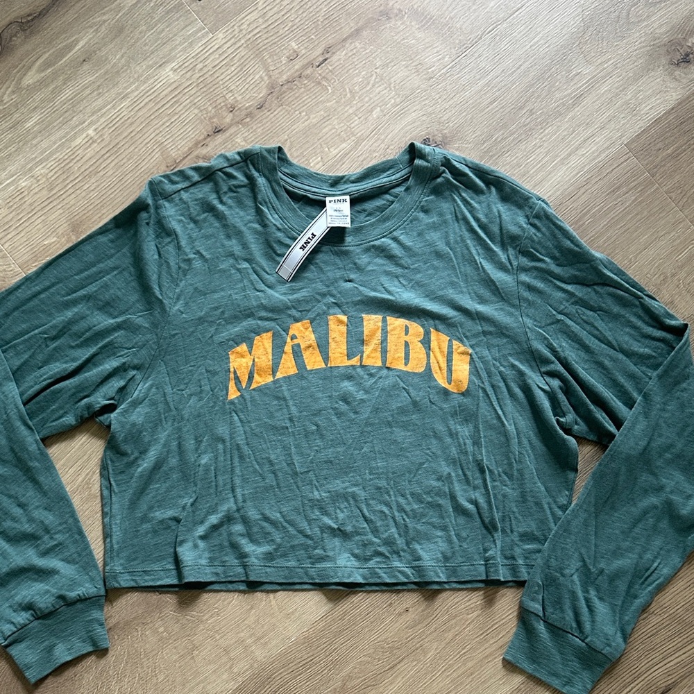 PINK Victoria's Secret Green Crop Top with Yellow 'Malibu'